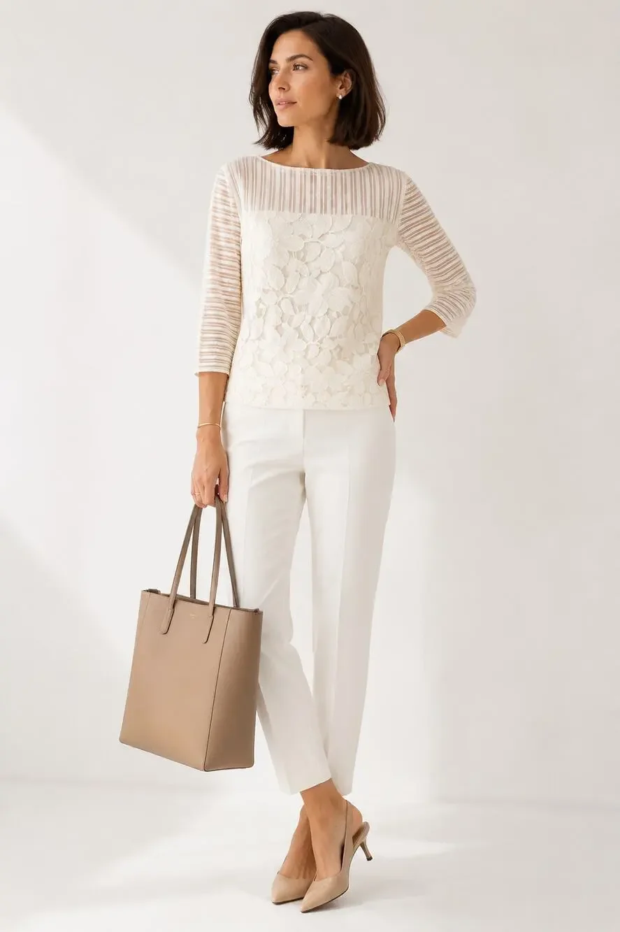 Tory Burch Cream Lace Front Boat Neck Top Sheer Stripe Sleeves 3/4 Sleeve Small